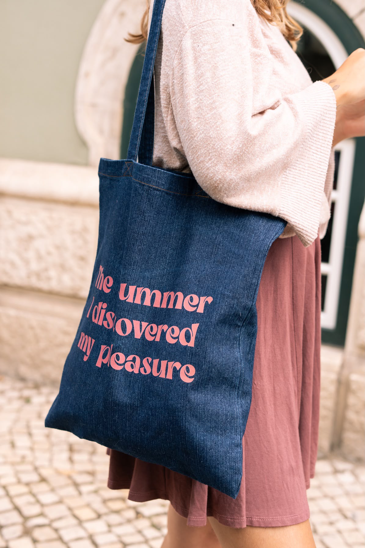 Denim tote bag printed 'The summer I discovered my pleasure'
