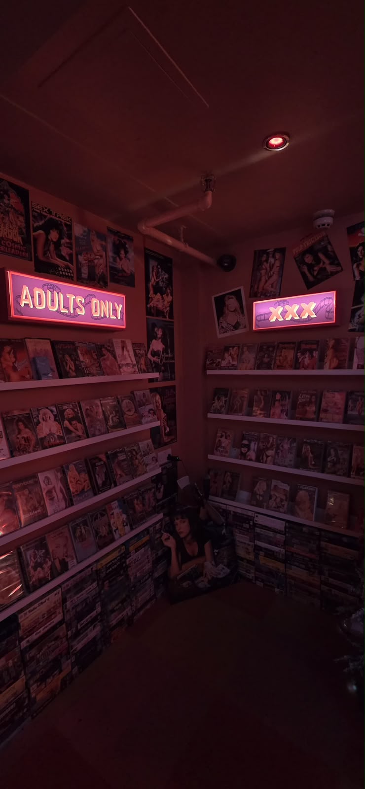 Neon 'Adults only' and 'XXX' signs above shelves of vintage adult films
