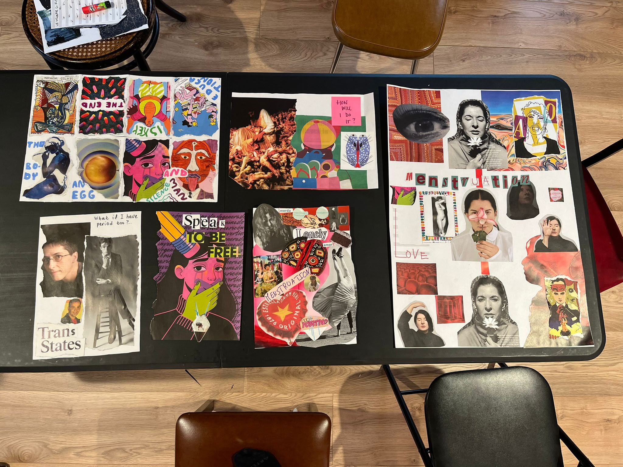 Collages made by participants on menstruation, bodies and freedom of speech